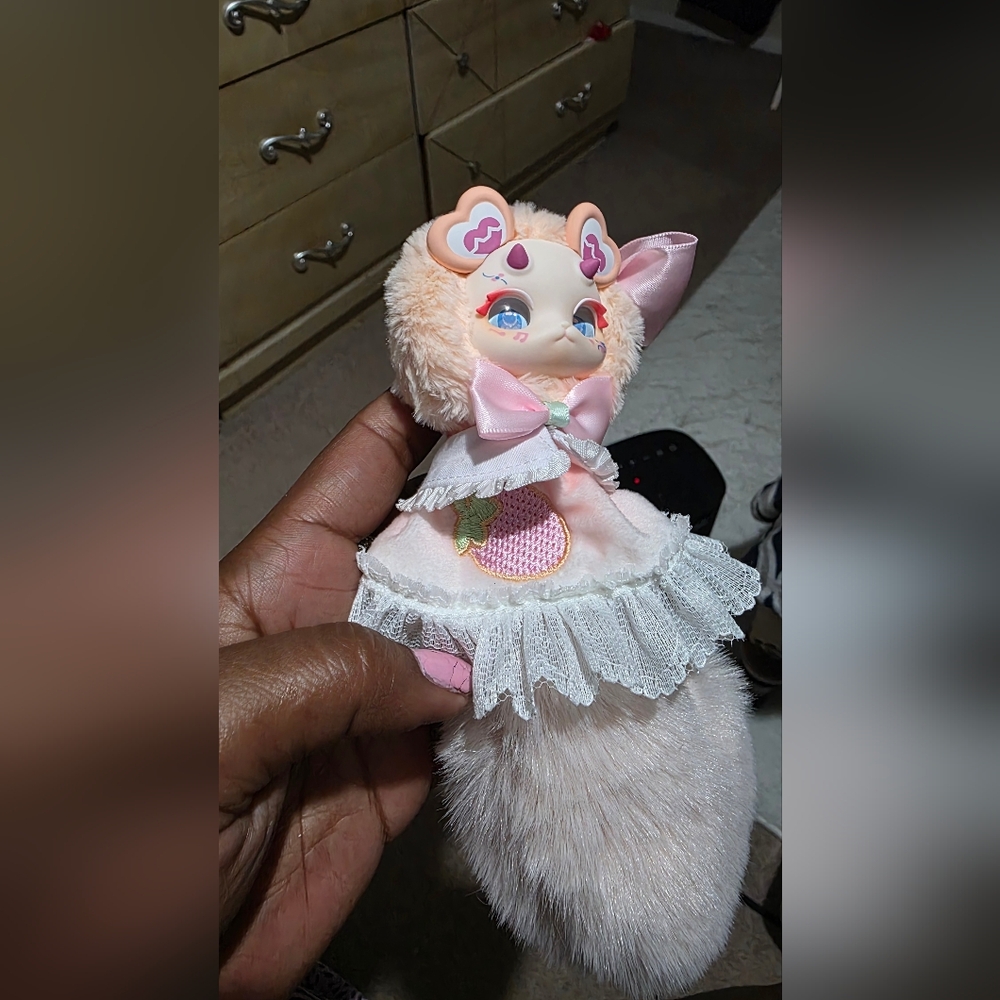 Plush Cat Toy with Pink Bow and Lace Dress